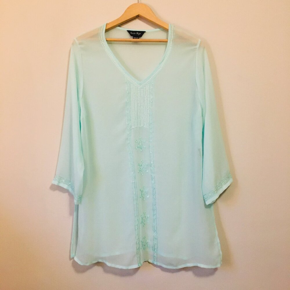 Charlie Paige L Soft Mint Sheer Chiffon Embroidered Sequin Tunic Cover Up